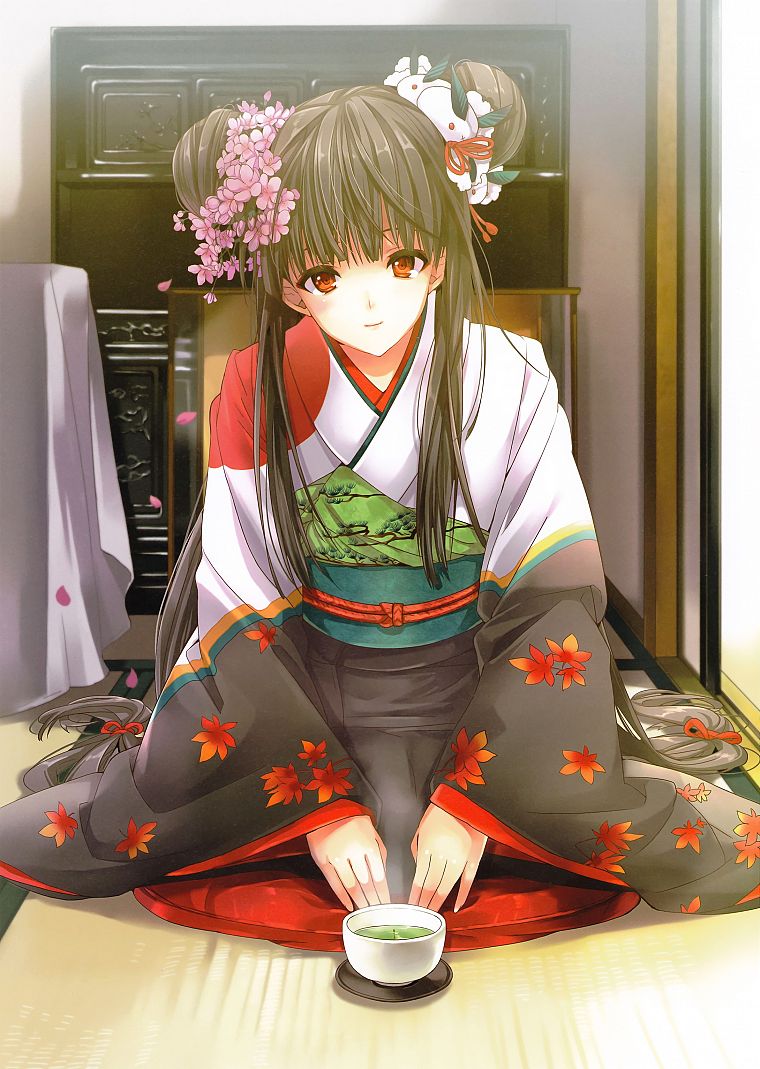 платье, цветы, длинные волосы, красные глаза, аниме, юката, японская одежда, аниме девушки - обои на рабочий стол