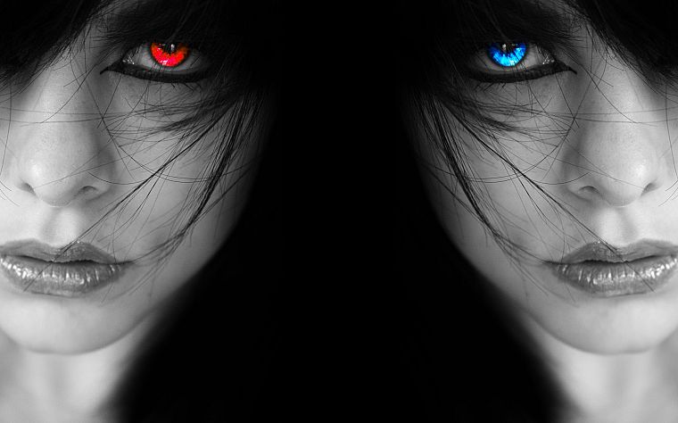 девушки, глаза, черный цвет, темнота, голубые глаза, красные глаза, оттенки серого, выборочная раскраска, темный фон - обои на рабочий стол