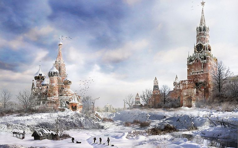 снег, постапокалиптический, Москва, произведение искусства, метро 2033, Кремль - обои на рабочий стол