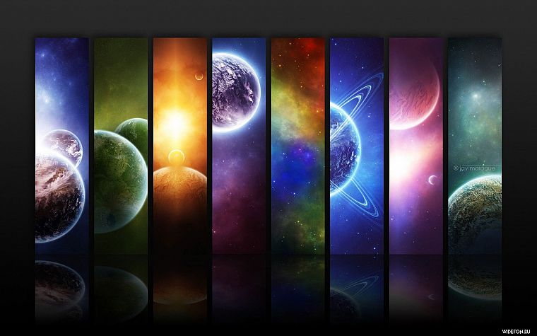 космическое пространство, многоцветный, звезды, планеты, произведение искусства - обои на рабочий стол