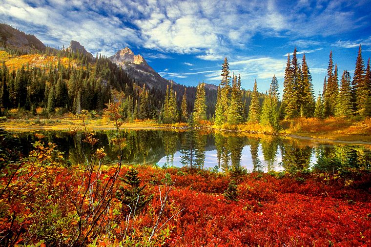 вода, горы, облака, пейзажи, природа, деревья, осень, озера, отражения - обои на рабочий стол