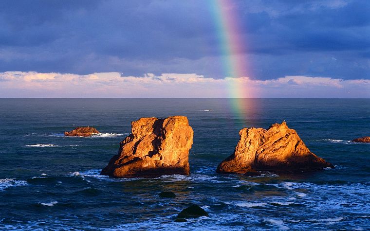 океан, скалы, радуга, небо - обои на рабочий стол