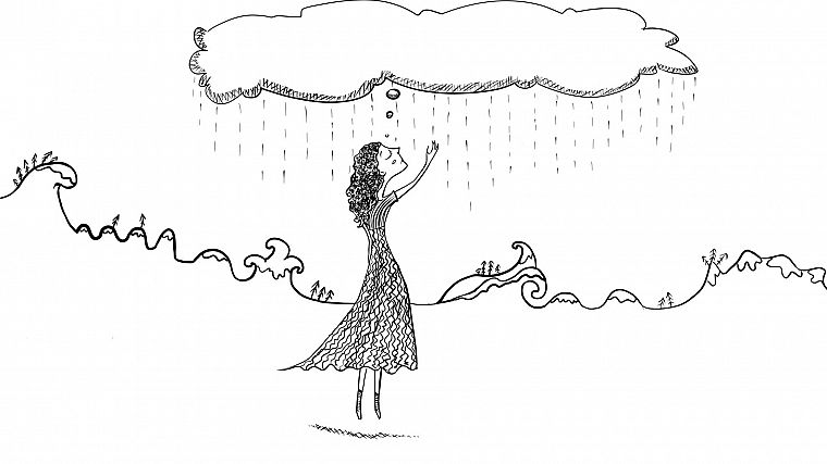 девушки, черно-белое изображение, минималистичный, дождь, эскизы, печаль, воображение, рисунки - обои на рабочий стол