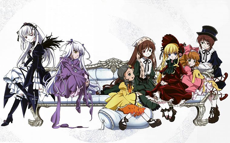 Rozen Maiden, Shinku, Suiseiseki, Suigintou, Souseiseki, Kanaria, аниме, Хина Ичиго, простой фон, Barasuishou - обои на рабочий стол
