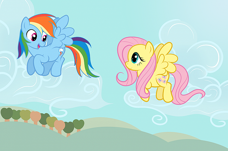летать, Флаттершай, пони, Рэйнбоу Дэш, My Little Pony : Дружба Магия - обои на рабочий стол