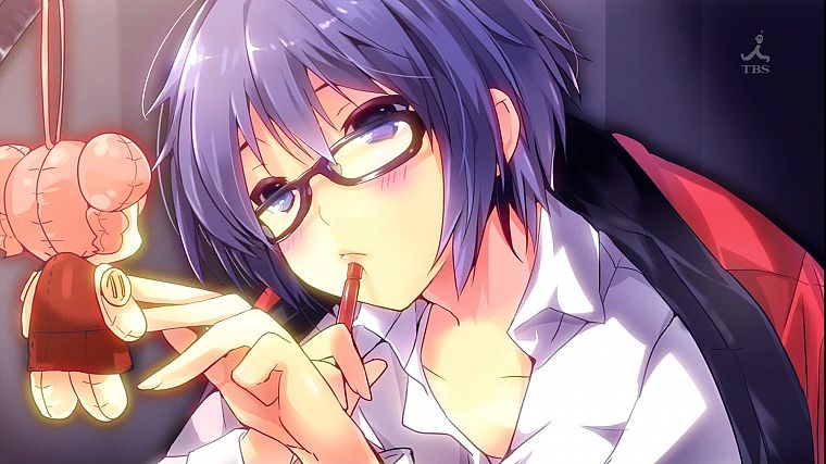 очки, фиолетовые волосы, Hidamari Sketch, meganekko, аниме девушки, художник - обои на рабочий стол