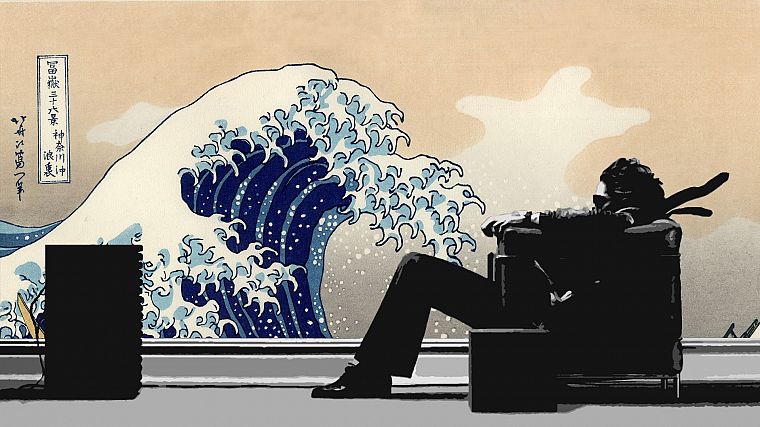 музыка, волны, люди, японский, стулья, произведение искусства, Maxell, Большая волна в Канагава - обои на рабочий стол