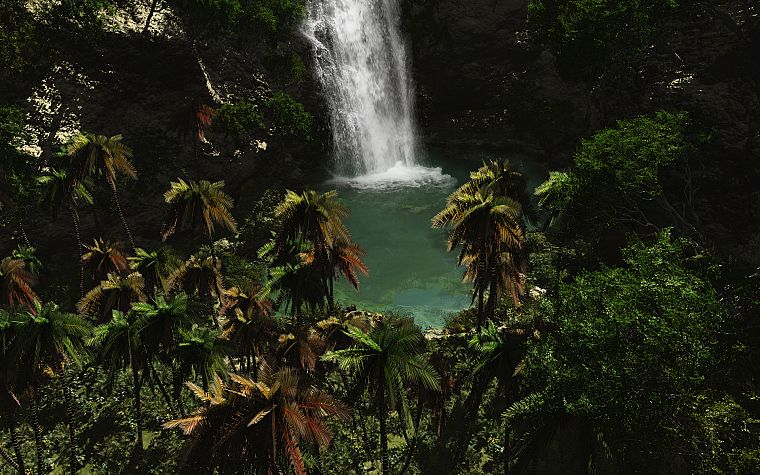 тропический, рай, пальмовые деревья, водопады - обои на рабочий стол