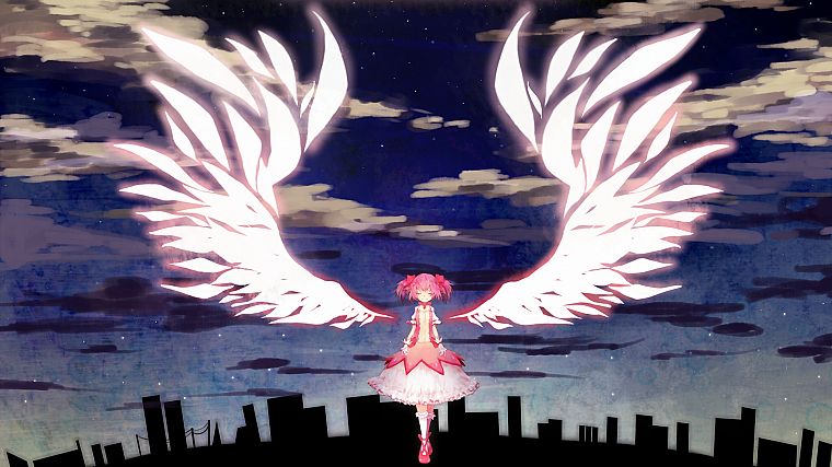 ангелы, крылья, города, здания, Mahou Shoujo Мадока Magica, Канаме Мадока, аниме, ангельские крылья, аниме девушки - обои на рабочий стол