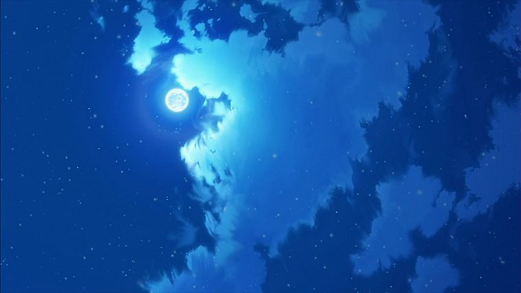 облака, Луна, аниме, небо - обои на рабочий стол