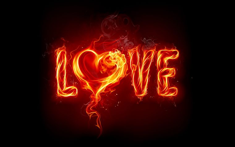 любовь, огонь, День Святого Валентина, сердца, темный фон - обои на рабочий стол
