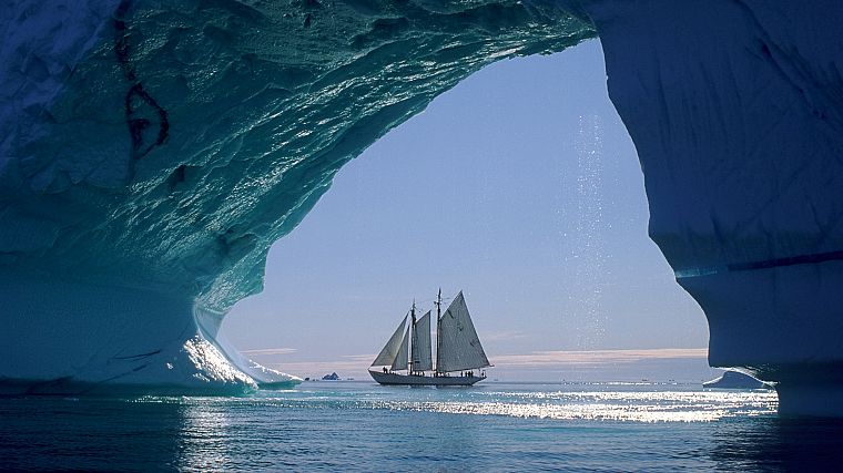 айсберги, парусники, Гренландия, море - обои на рабочий стол