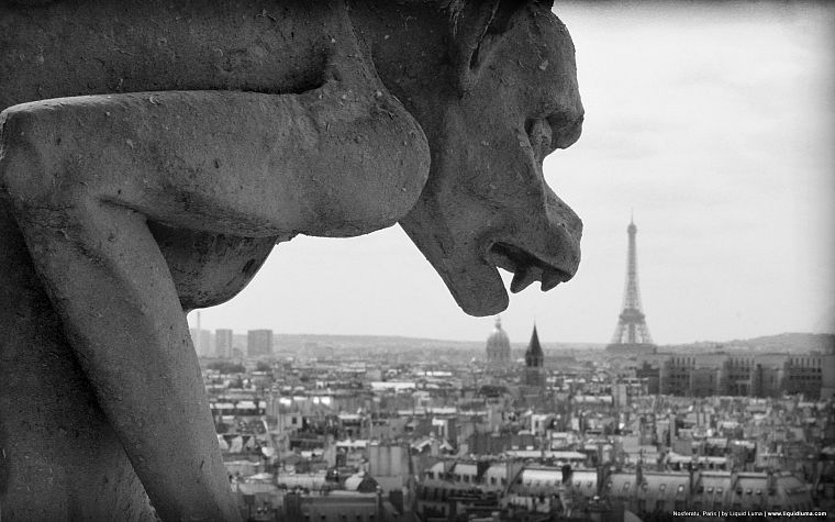 Париж, оттенки серого, горгулья, монохромный, город небоскребов - обои на рабочий стол