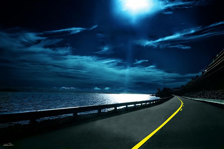 океан, пейзажи, ночь, лунный свет, дороги - обои на рабочий стол