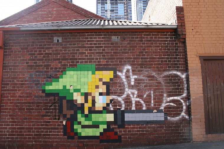 Линк, граффити, Легенда о Zelda, стрит-арт, кирпичная стена - обои на рабочий стол
