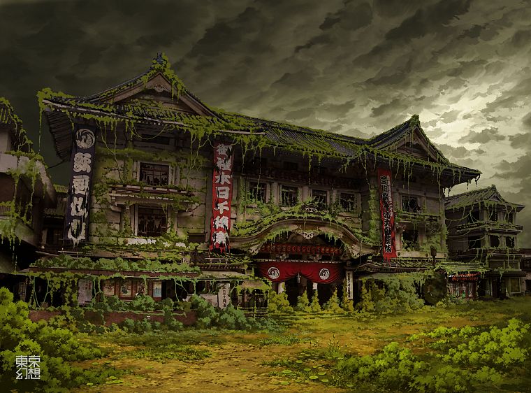 Токио, руины, постапокалиптический, здания, пасмурно, азиатской архитектуры, Плющ, театр, заброшенный, баннеры, TokyoGenso - обои на рабочий стол