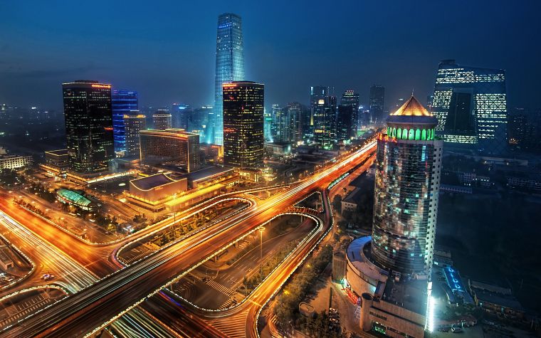 города, ночь, Китай, Пекин, длительной экспозиции - обои на рабочий стол