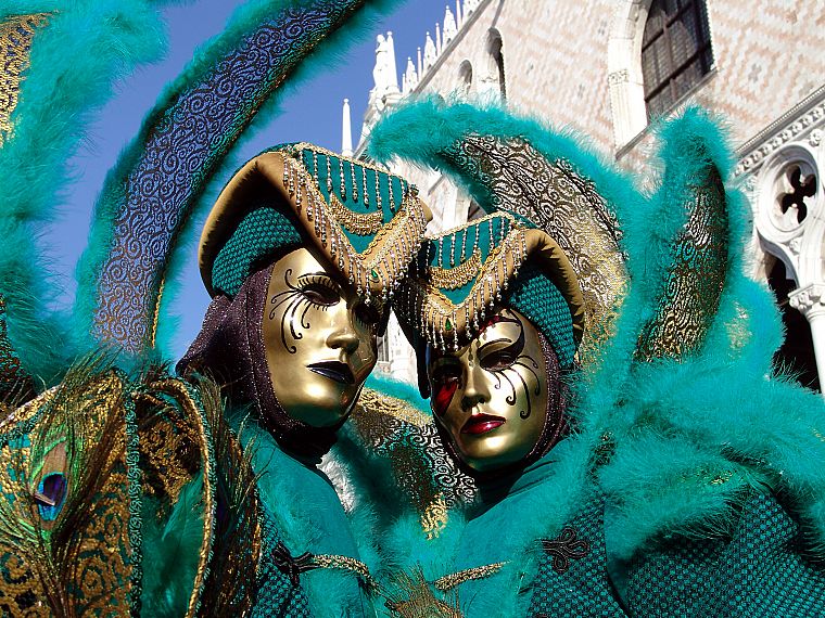 костюм, перья, карнавалы, павлин, Венецианские маски - обои на рабочий стол