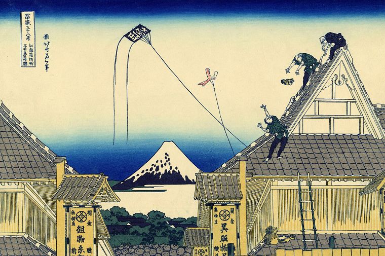 картины, японский, коршун, крыши, традиционное искусство, Кацусика Хокусай, Тридцать шесть видов горы Фудзи - обои на рабочий стол