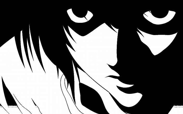 Тетрадь смерти, черно-белое изображение, Л., монохромный, аниме, аниме парни, высокая контрастность - обои на рабочий стол