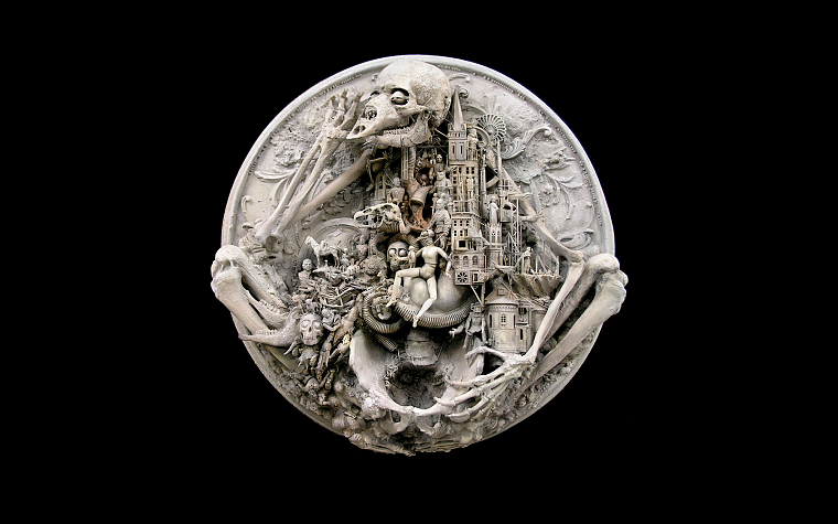черепа, скульптуры, скелеты, паразит, Крис Кукси, темный фон - обои на рабочий стол
