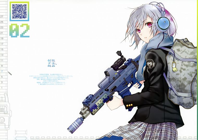наушники, оружие, Fuyuno Харуаки, штурмовая винтовка, простой фон, аниме девушки, ACR - обои на рабочий стол