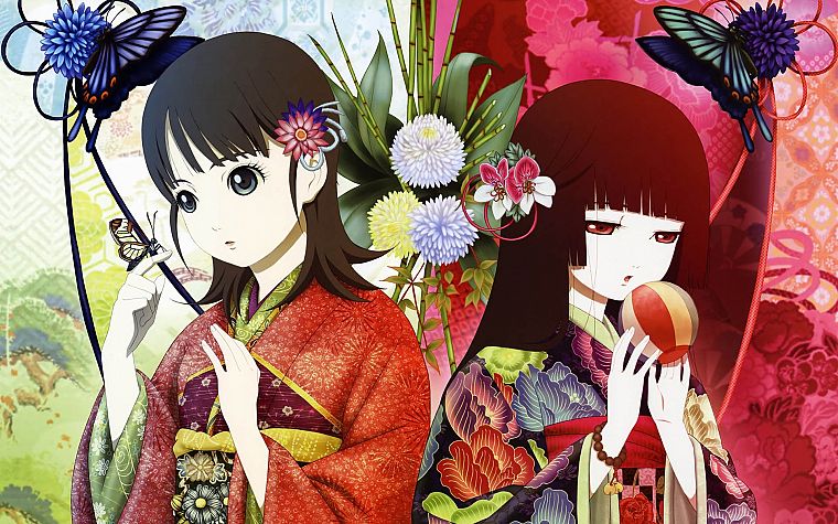 Jigoku Shoujo, Енма Ai, японская одежда, аниме девушки, украшения для волос, челка, черные волосы - обои на рабочий стол