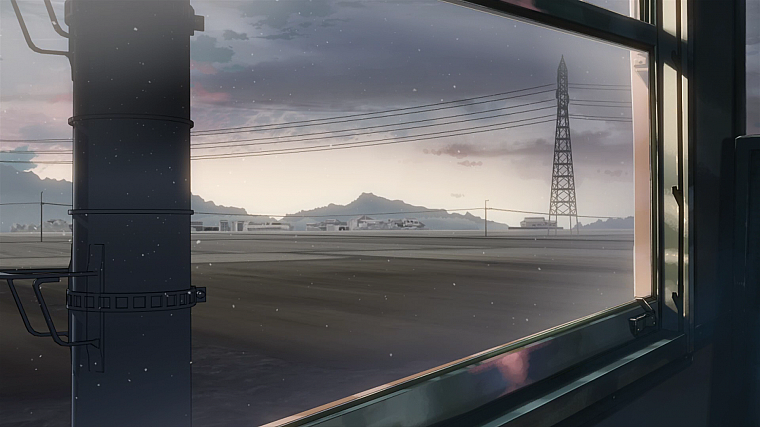 художественный, поезда, Макото Синкай, линии электропередач, 5 сантиметров в секунду, транспортные средства, оконные стекла - обои на рабочий стол