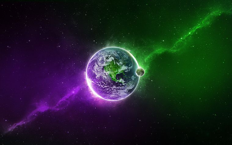 зеленый, космическое пространство, многоцветный, звезды, планеты, Луна, фиолетовый, Земля - обои на рабочий стол