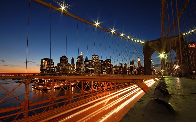закат, города, горизонты, архитектура, мосты, здания, Бруклинский мост, трафика, Нью-Йорк, Манхэттен, небоскребы, городские огни, длительной экспозиции, город небоскребов, реки, висячий мост, Ист-Ривер - обои на рабочий стол