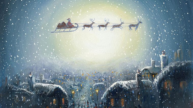 зима, рождество, Санта-Клаус, оленей, деревни - обои на рабочий стол