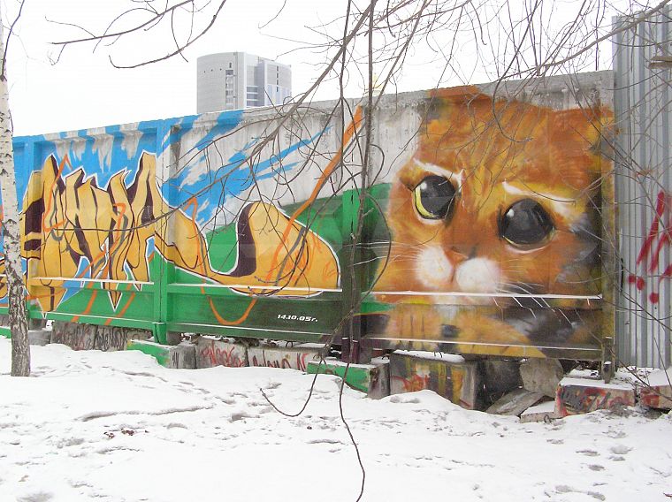 кошки, животные, Россия, стрит-арт, Кот в сапогах - обои на рабочий стол