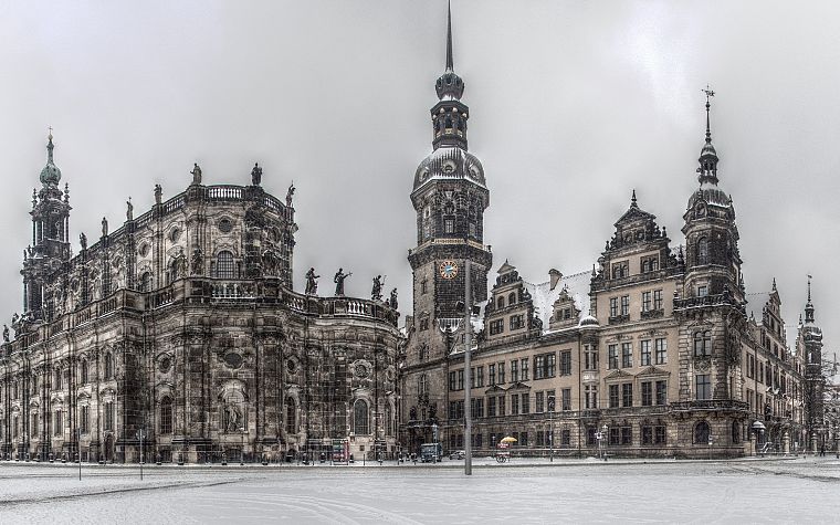 снег, города, Германия, скульптуры, церкви, Дрезден, HDR фотографии - обои на рабочий стол