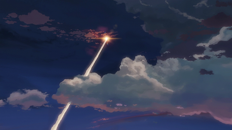 облака, ночь, Макото Синкай, 5 сантиметров в секунду, аниме, инверсионных, небо, небеса - обои на рабочий стол