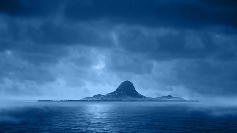 синий, облака, ночь, Луна, острова - обои на рабочий стол