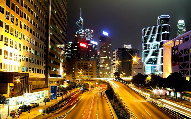 города, огни, здания, Гонконг, дороги, длительной экспозиции - обои на рабочий стол