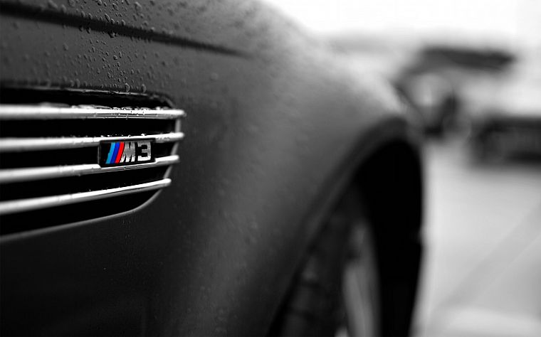 крупный план, БМВ, черный цвет, автомобили, влажный, транспортные средства, выборочная раскраска, логотипы, BMW M3, матовая - обои на рабочий стол