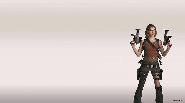 брюнетки, девушки, Resident Evil, девушки с оружием, Милла Йовович, простой фон - обои на рабочий стол