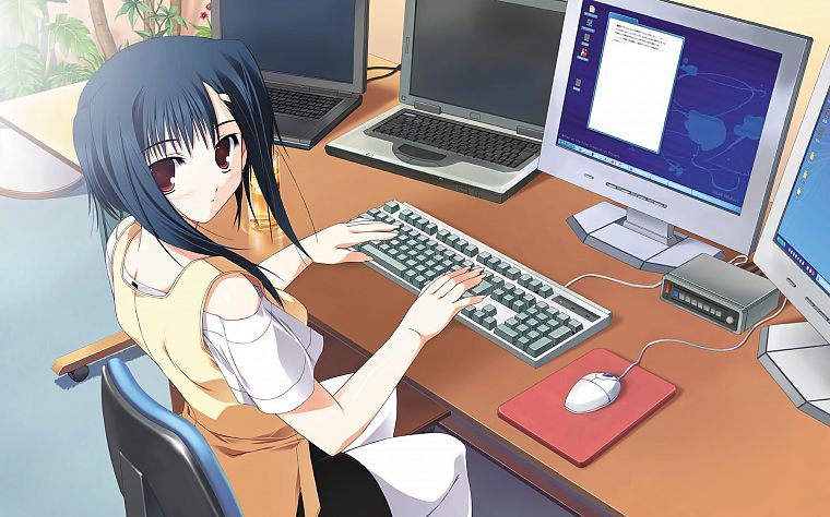компьютеры, ноутбуки, красные глаза, сидящий, аниме, аниме девушки, черные волосы - обои на рабочий стол