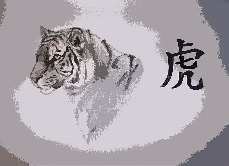 тигры, рисунки, кандзи - обои на рабочий стол