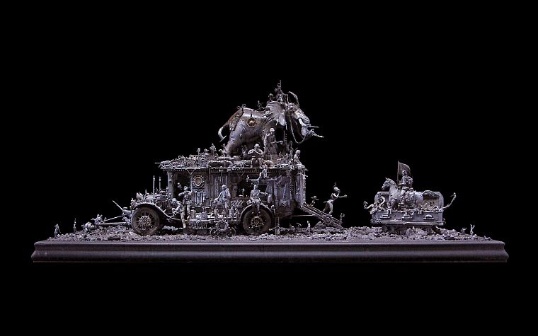 скульптуры, слоны, транспортные средства, Крис Кукси, темный фон - обои на рабочий стол