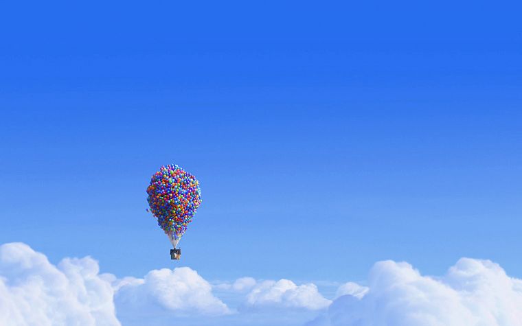 синий, облака, Pixar, кино, плавающей, дома, Вверх ( фильм ), воздушные шары, небеса - обои на рабочий стол
