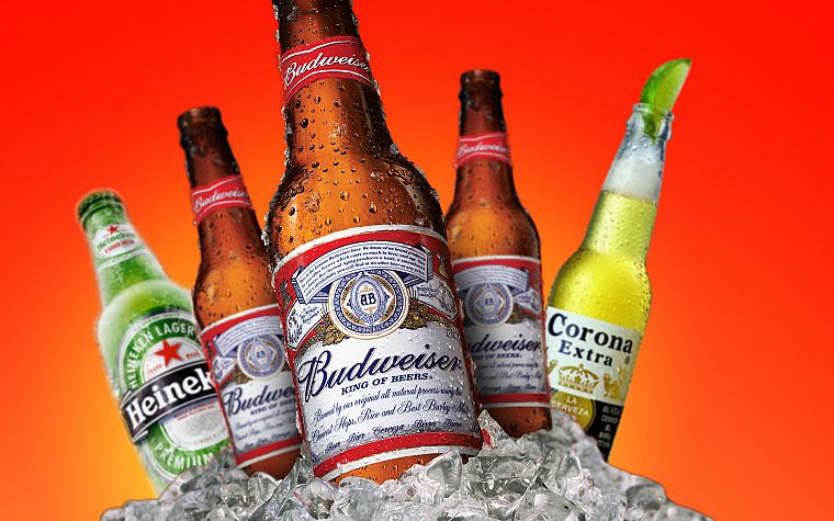 пиво, алкоголь, Heineken, Budweiser, кубики льда - обои на рабочий стол