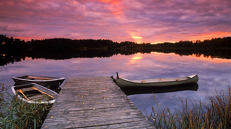 закат, док, Швеция, озера - обои на рабочий стол
