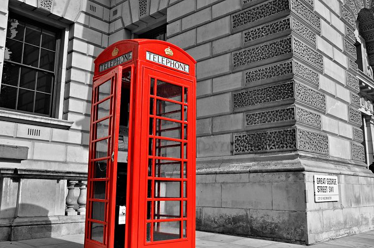 черный цвет, красный цвет, белый, старый, Британия, Лондон, выборочная раскраска, тротуары, телефонная будка, Английский Телефонная будка - обои на рабочий стол