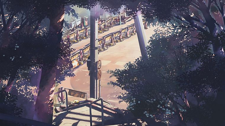 пейзажи, деревья, Макото Синкай, 5 сантиметров в секунду, произведение искусства, рисунки - обои на рабочий стол