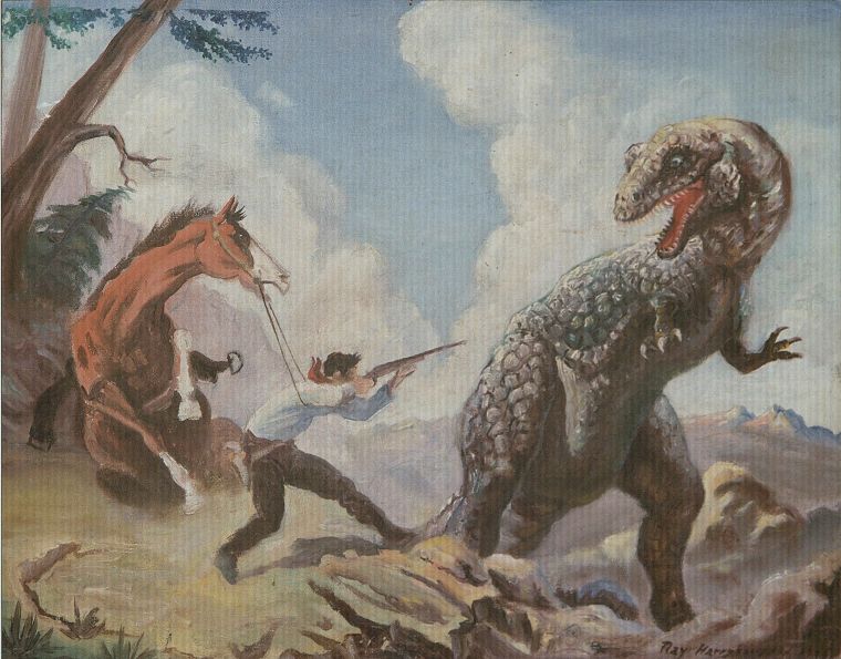 динозавры, охотник, лошади - обои на рабочий стол