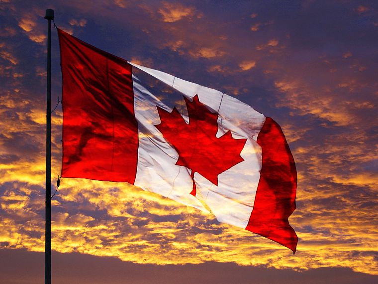 закат, облака, Канада, флаги, Канадский флаг, национализм - обои на рабочий стол