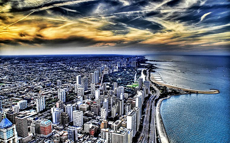 побережье, города, Чикаго, здания, небоскребы, Озеро Мичиган, HDR фотографии, Великие озера, пляжи - обои на рабочий стол