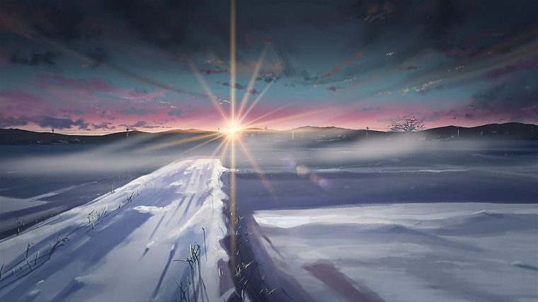 зима, снег, Макото Синкай, солнечный свет, 5 сантиметров в секунду - обои на рабочий стол